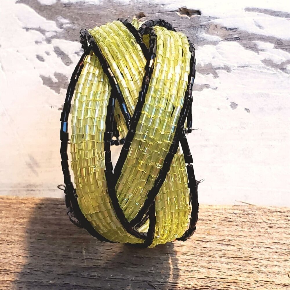 Yellow-Green Black Vintage Y2K 90s Striped Pretzel Memory Wire Cuff Bracelet